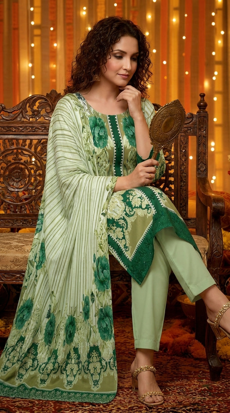 Close-up portrait of a smiling model in a warm festive fairy-light setting wearing a mint luxury lawn kameez with fine vertical stripe print, oversized teal watercolour rose placement print, bold emerald green placket with white lace trim, and matching striped lawn dupatta with teal rose print draped over one shoulder