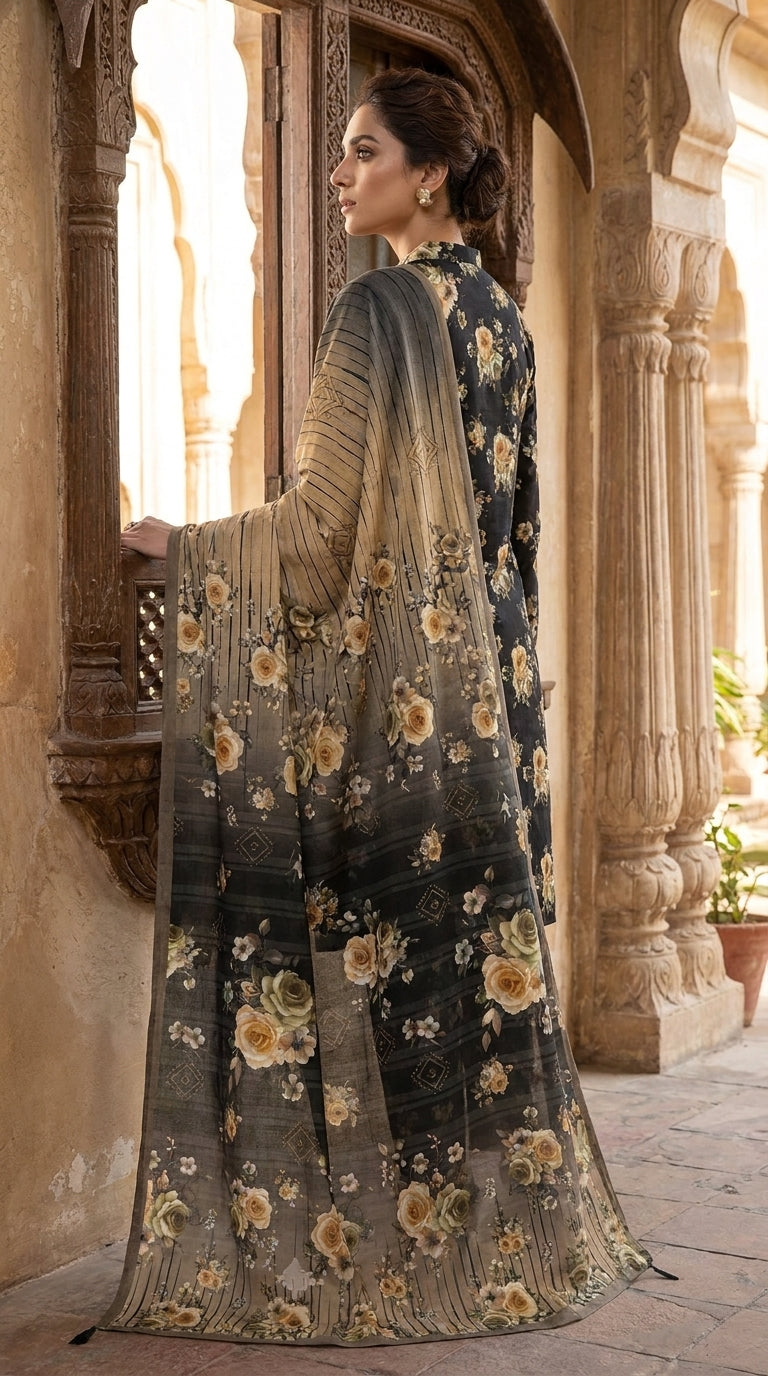 Close-up of the Mandarin collar with concealed button placket on a midnight black luxury lawn shirt with golden amber rose print, contrast gold ombre chiffon dupatta draped across