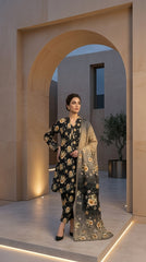 Back view of a model in a midnight black Pakistani luxury lawn suit with golden rose print and a dramatic contrast champagne-gold and charcoal ombre bamber chiffon dupatta, studio background