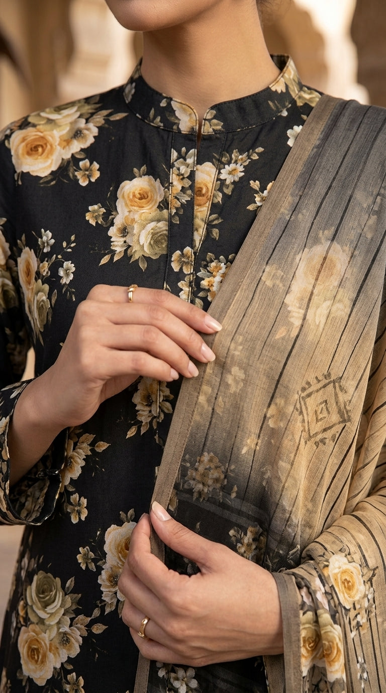 Model seated on a carved wooden bench in a Mughal courtyard wearing a midnight black floral lawn suit with a gold ombre chiffon dupatta draped across the lap