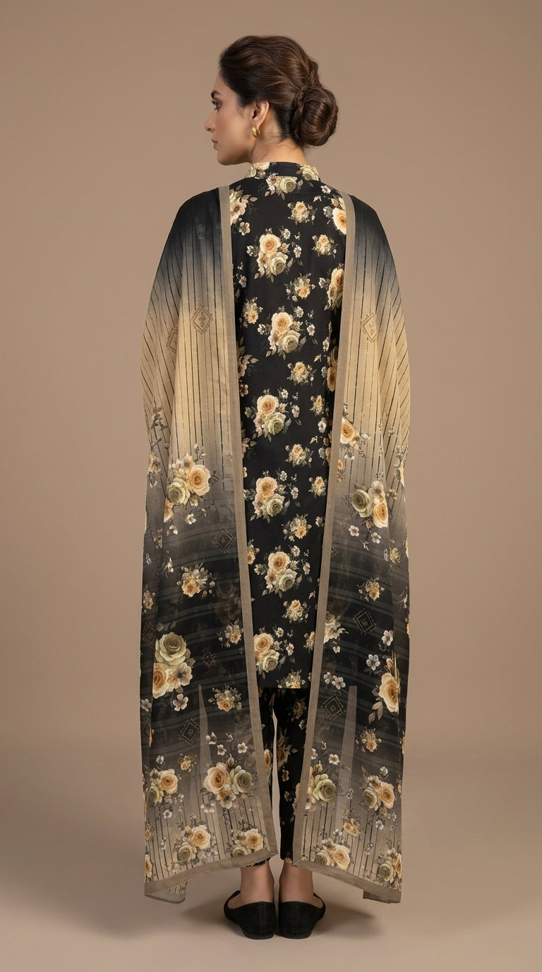 Portrait of a model in a midnight black Pakistani lawn suit with golden amber roses, holding the contrast gold ombre bamber chiffon dupatta, Mughal stone arch background
