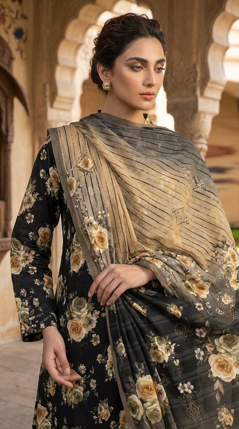 Back view of a model standing by a carved wooden door in a midnight black 3-piece lawn suit with golden rose print and a cascading contrast gold ombre bamber chiffon dupatta