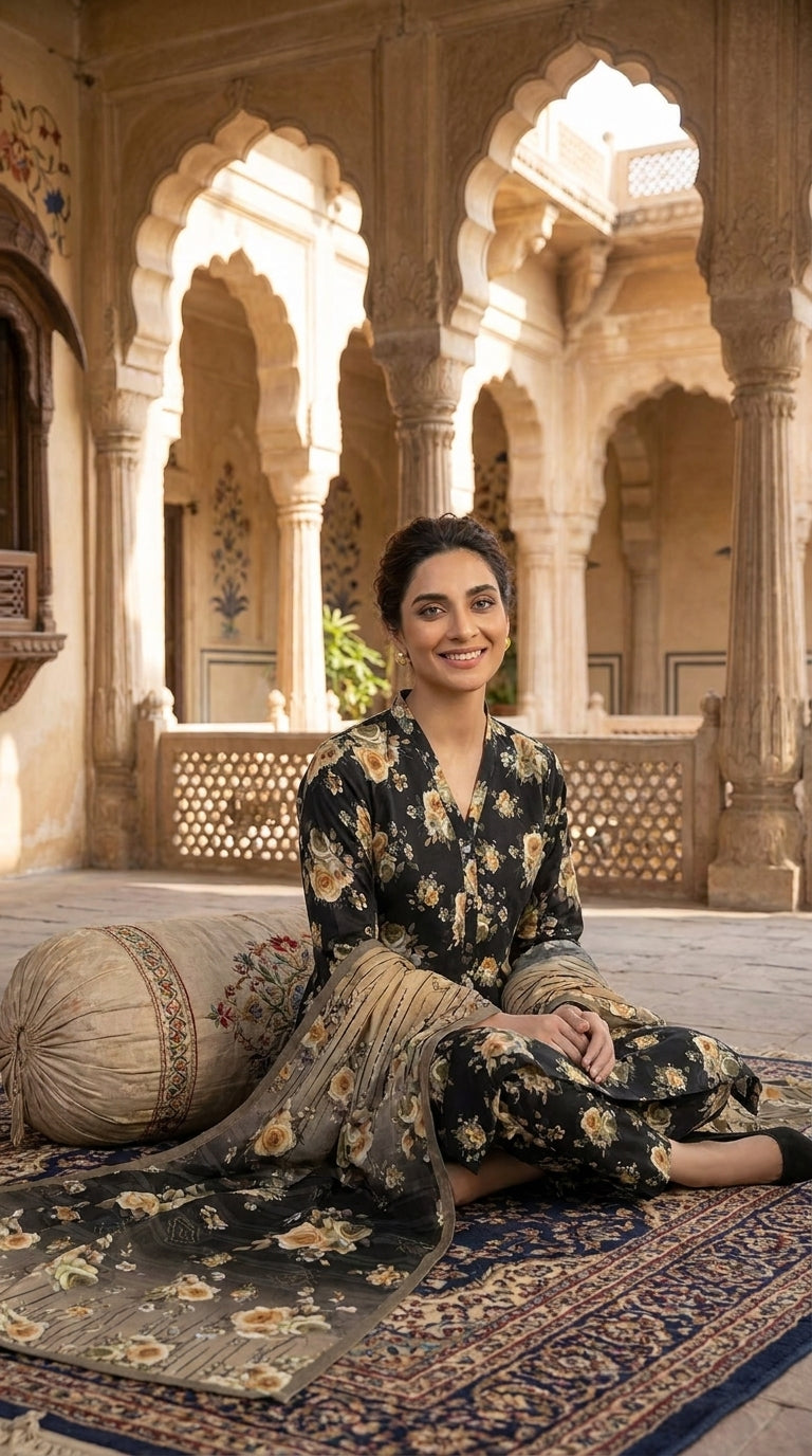 Full length back view of a model in a midnight black Pakistani unstitched lawn suit with all-over golden amber rose print, matching printed trouser, and dramatic contrast gold ombre chiffon dupatta