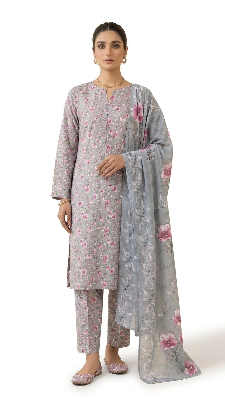 Close-up of the V-notch pintuck placket neckline with pearl button on a dove grey cherry blossom printed luxury lawn shirt with contrast powder blue peony chiffon dupatta