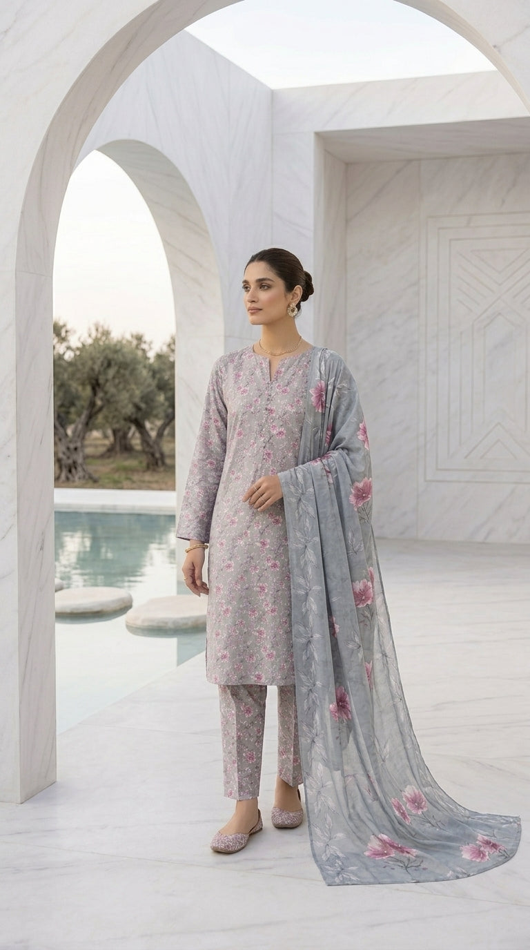 Full length front view of a model in a dove grey Pakistani luxury lawn suit with scattered pink cherry blossom print, matching printed trouser, and contrast powder blue peony bamber chiffon dupatta, studio background