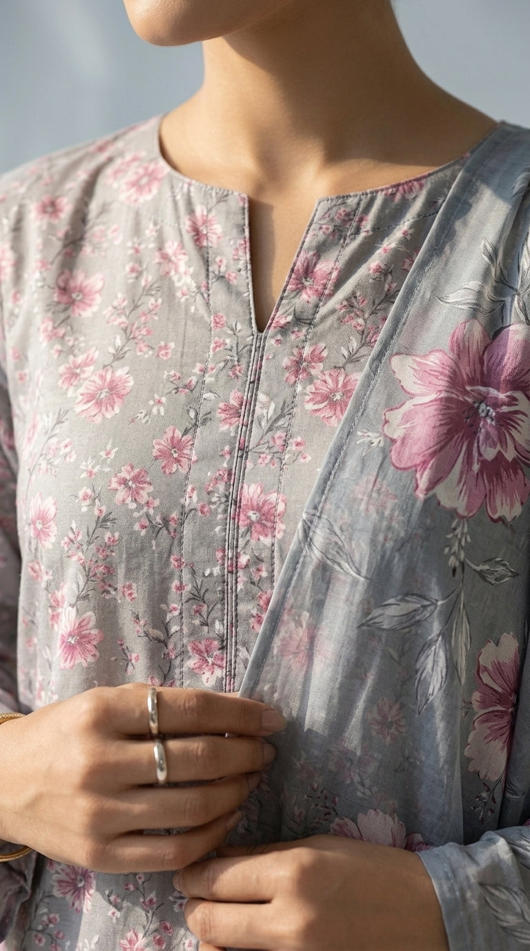 Model seated on a cream tufted ottoman in a dove grey cherry blossom lawn suit with a cascading powder blue oversized peony chiffon dupatta pooling on the floor