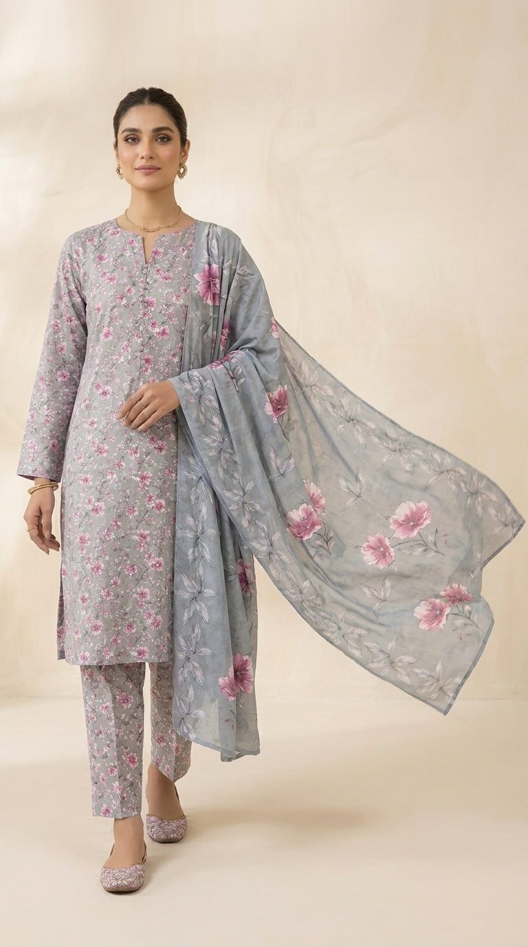 Full length front view of a model in a dove grey floral lawn suit with a voluminous powder blue peony chiffon dupatta draped symmetrically over both arms, cream studio background
