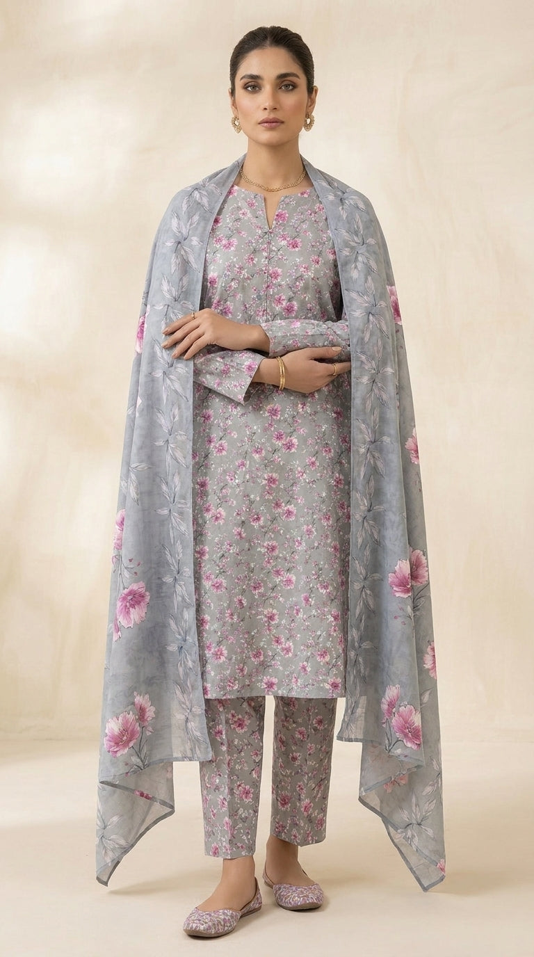 Full length front view of a model in a dove grey Pakistani 3-piece unstitched lawn suit with all-over pink cherry blossom print and matching printed trouser, white studio background