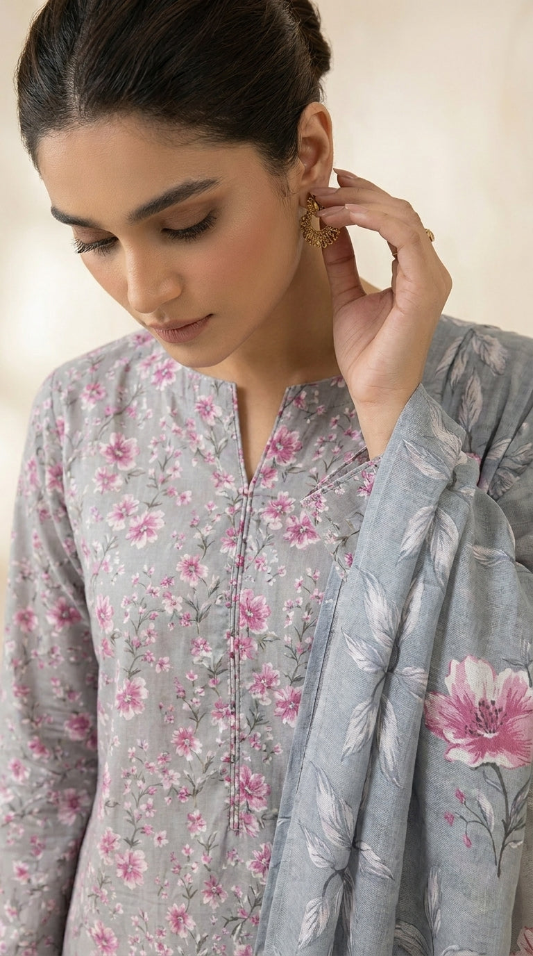 Detail shot of the oversized watercolour blush and mauve peony print on a sheer powder blue bamber chiffon dupatta with structured border