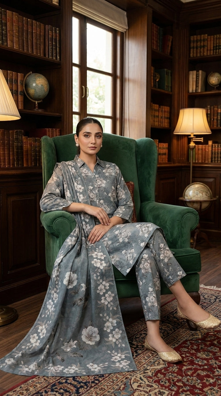 Model seated in a green velvet armchair in a library setting wearing a steel blue Pakistani luxury lawn suit with white cherry blossom print and matching chiffon dupatta