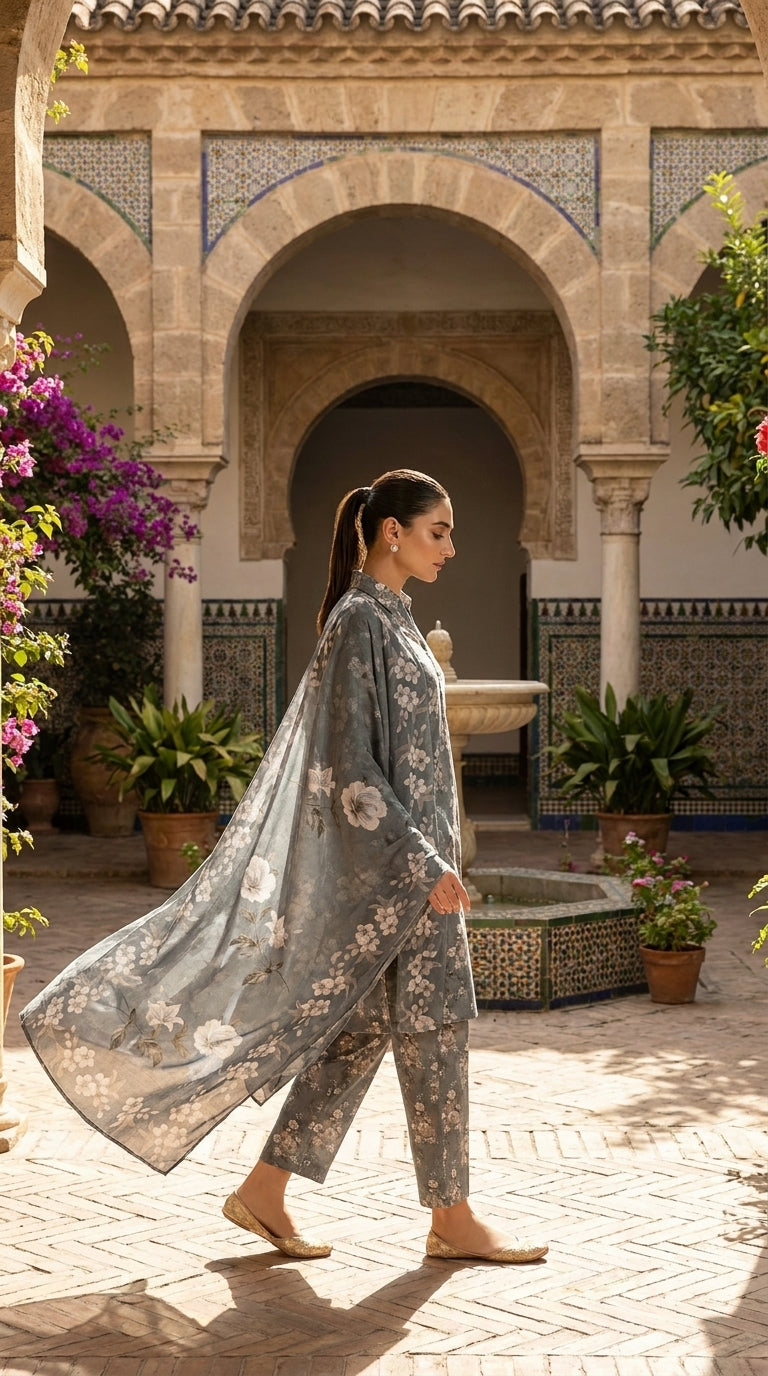 Full length side view of a model walking in a Moroccan courtyard wearing a steel blue floral lawn suit with a flowing matching bamber chiffon dupatta