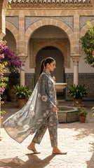 Full length side view of a model walking in a Moroccan courtyard wearing a steel blue floral lawn suit with a flowing matching bamber chiffon dupatta