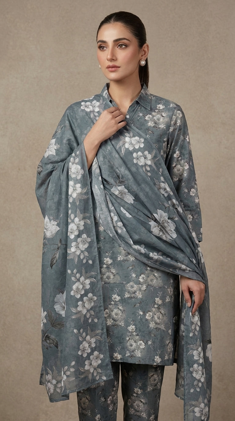 Portrait of a model in a steel blue Pakistani lawn suit with a matching printed bamber chiffon dupatta draped across the chest, pearl earrings, studio background