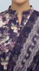 Close-up of the V-notch neckline with button placket on a royal indigo luxury lawn shirt with all-over watercolour floral print in mauve and ivory, matching indigo chiffon dupatta with bold silver lace border panel draped alongside