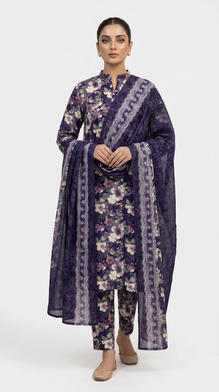 Full length front view of a model in a royal indigo watercolour floral lawn suit with matching printed trouser and matching indigo chiffon dupatta with bold silver lace border panels draped symmetrically, white studio background