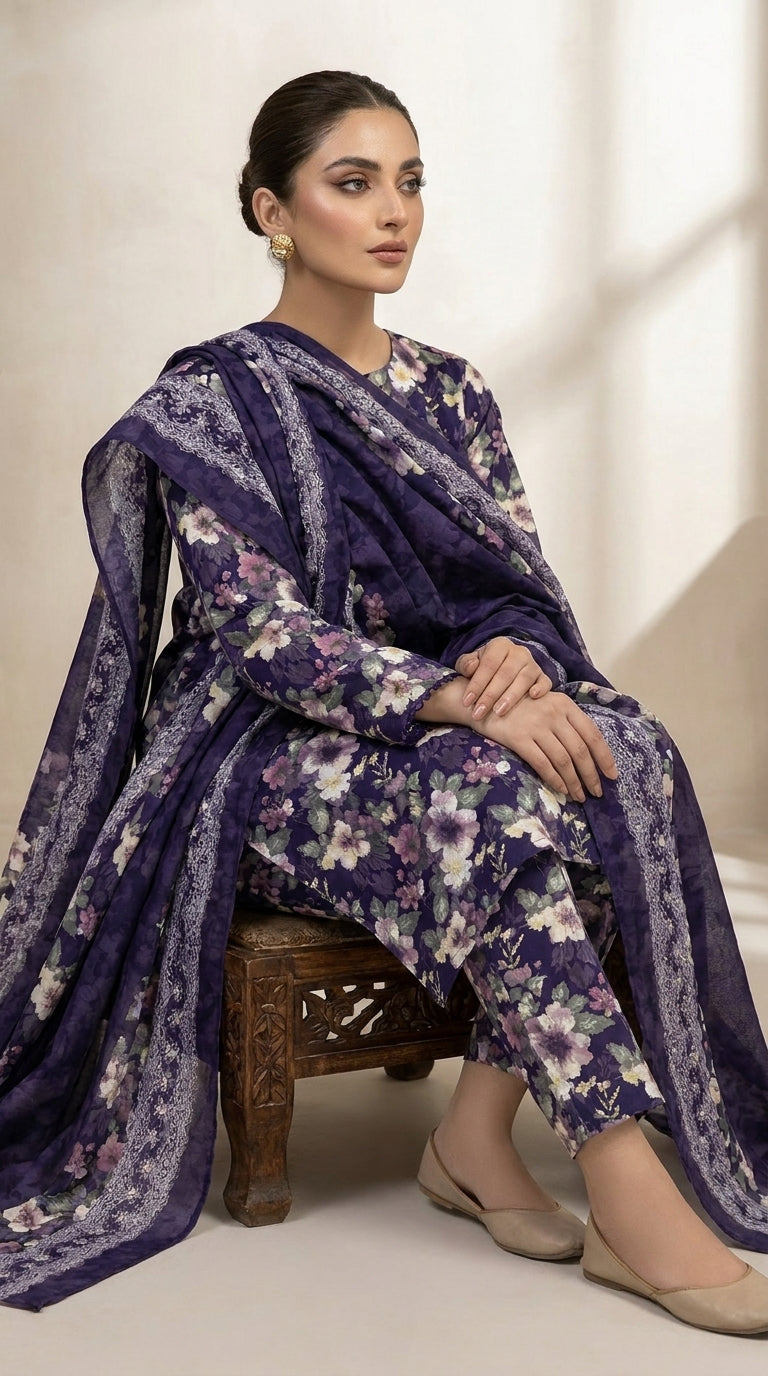 Model seated on a carved wooden stool in a warm-lit interior wearing a royal indigo watercolour floral lawn suit with matching printed trouser and matching indigo chiffon dupatta with silver lace borders pooling on the floor