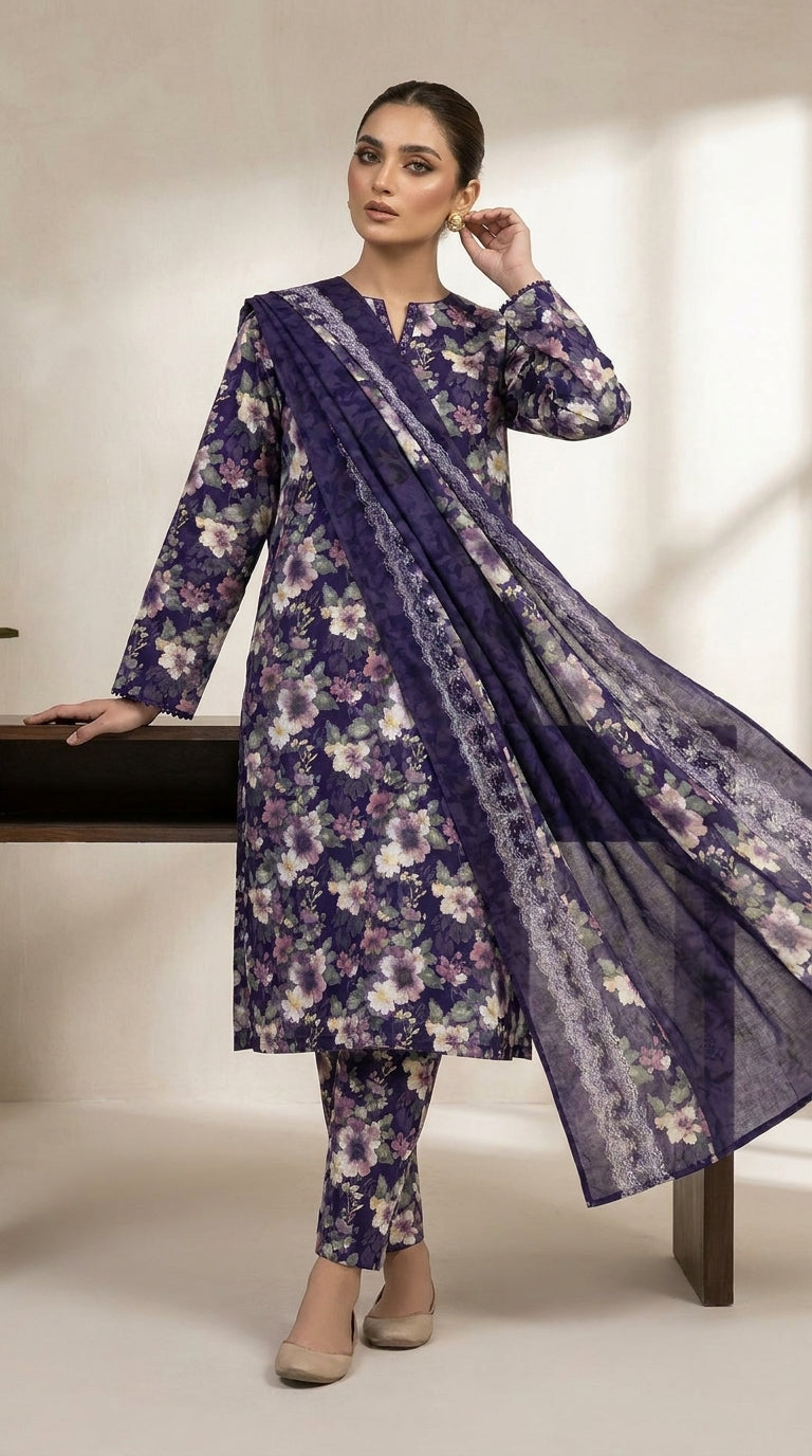 Full length front view of a model leaning against a dark wooden console in a royal indigo watercolour floral lawn suit with matching printed trouser and matching indigo chiffon dupatta with silver lace border panels flowing, warm beige background