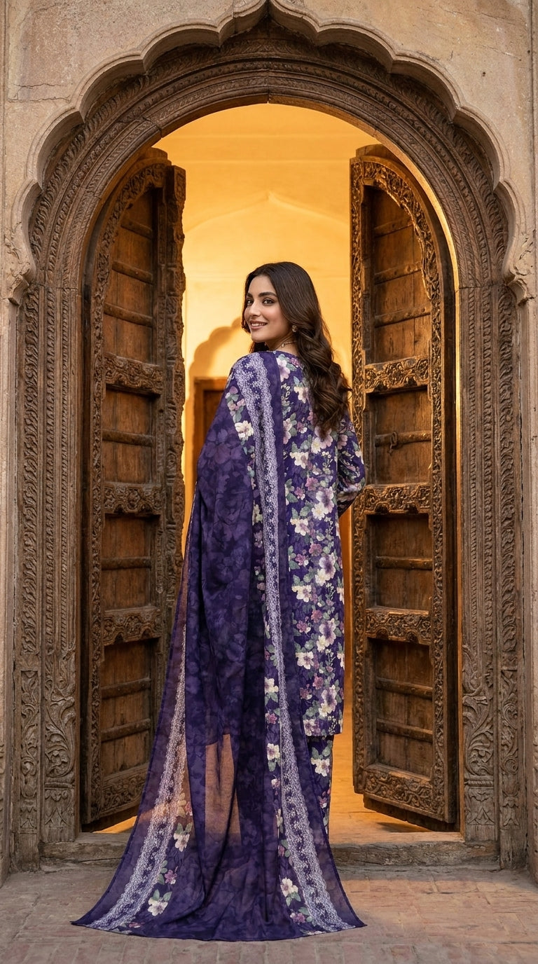 Back view of a model standing in a carved Mughal archway doorway in a royal indigo watercolour floral lawn suit with matching printed trouser and matching indigo chiffon dupatta with silver lace border panels trailing behind, warm golden light