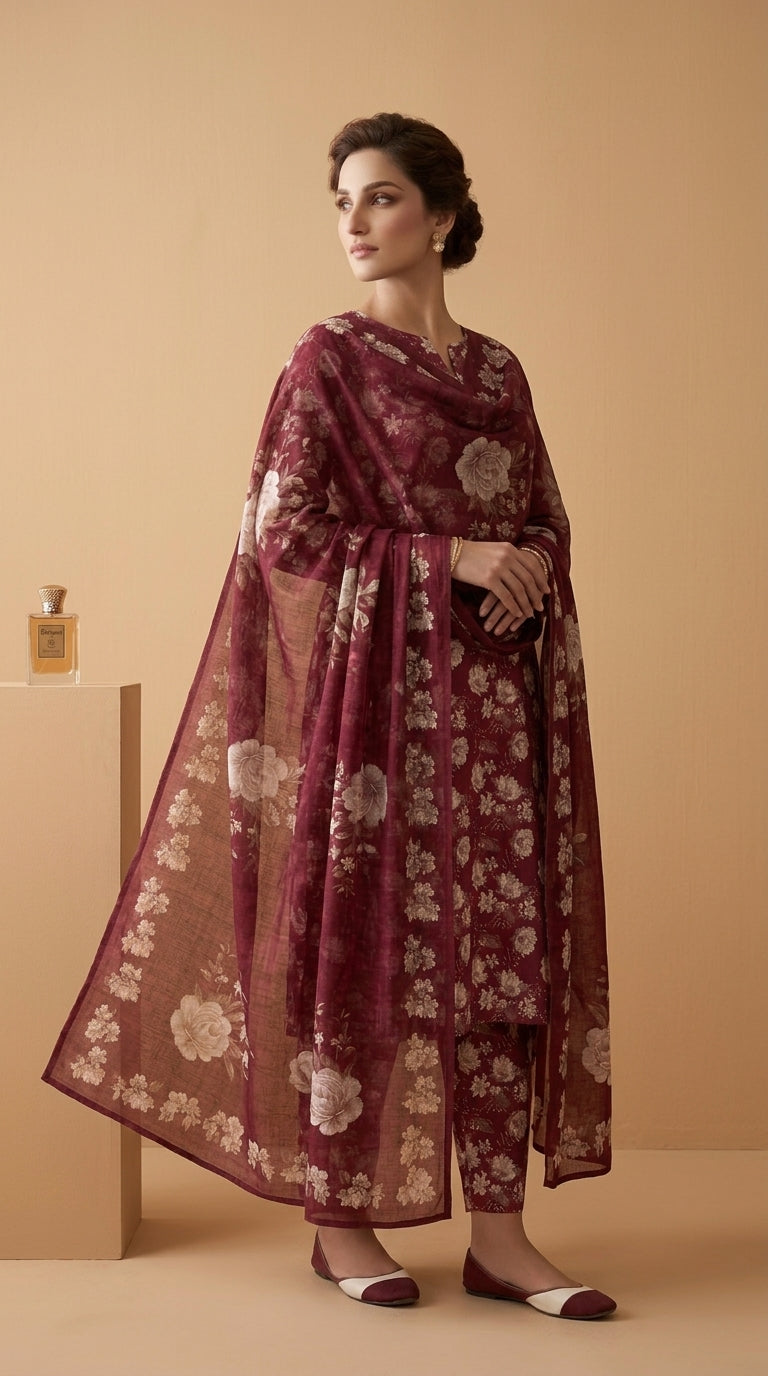 Full length front view of a model in a deep wine burgundy Pakistani luxury lawn suit with all-over scattered ivory and blush rose bouquet print, matching printed trouser, and matching sheer organza dupatta with oversized ivory roses, warm beige studio background