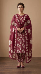 Full length front view of a model in a deep wine burgundy Pakistani 3-piece unstitched lawn suit with scattered ivory rose print, matching printed trouser, and matching sheer organza dupatta draped over both arms, warm brown studio background