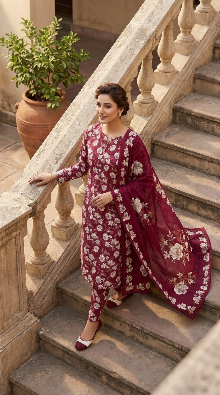 Model on a stone staircase in a Mughal courtyard wearing a deep wine burgundy rose print luxury lawn suit with matching printed trouser and matching sheer organza dupatta with oversized ivory roses trailing behind