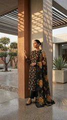 Back view of a model walking in a charcoal black golden rose lawn suit with a flowing matching bamber chiffon dupatta featuring oversized golden roses, beige studio background