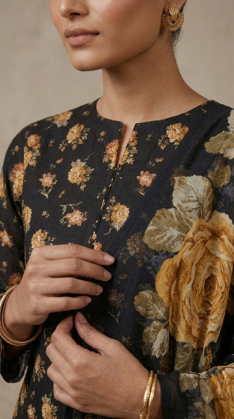 Close-up of the round neckline with button placket and flared bell sleeve detail on a charcoal black golden rose printed luxury lawn shirt, matching chiffon dupatta draped across