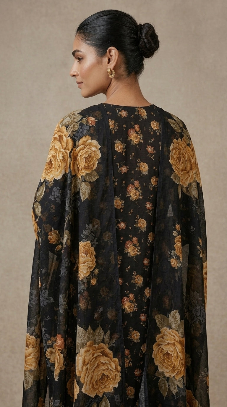 Model seated on a cream leather pouf in a Moroccan-inspired interior wearing a charcoal black golden rose lawn suit with matching printed trouser and oversized rose chiffon dupatta pooling on the floor
