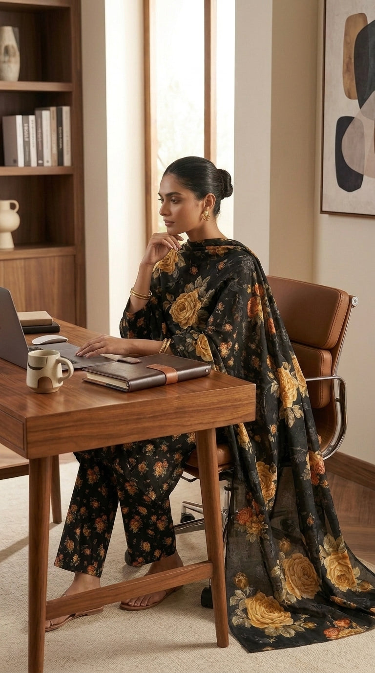 Full length front view of a model in a charcoal black Pakistani luxury lawn suit with scattered golden rose bouquet print, matching printed trouser, and matching chiffon dupatta draped over one shoulder, beige studio background