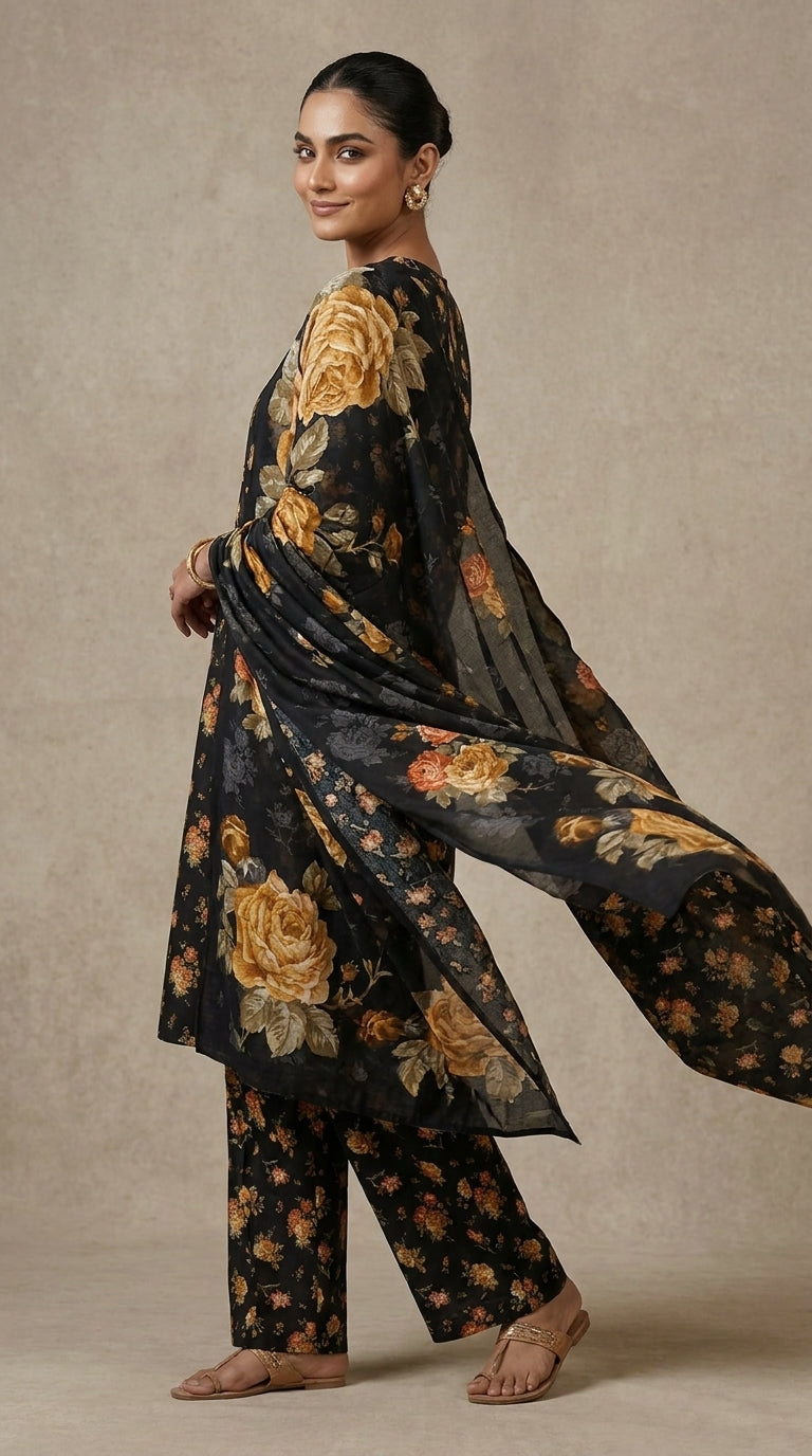 Full length front view of a model in a charcoal black golden rose lawn suit with matching chiffon dupatta draped symmetrically over both arms, white studio background