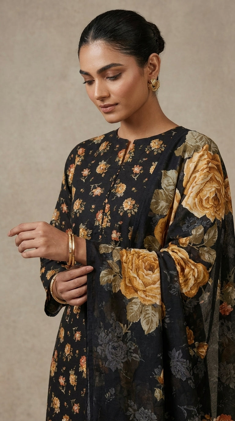 Detail shot of the all-over scattered golden amber rose bouquet print on a premium charcoal black 90/70 luxury lawn shirt with flared bell sleeves