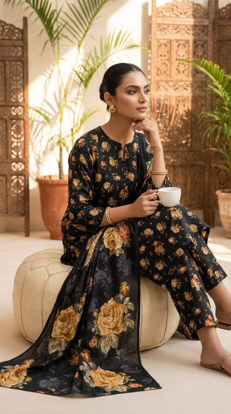 Full length back view of a model in a charcoal black 3-piece unstitched lawn suit with golden rose print and a cascading matching bamber chiffon dupatta with oversized golden roses, white studio background