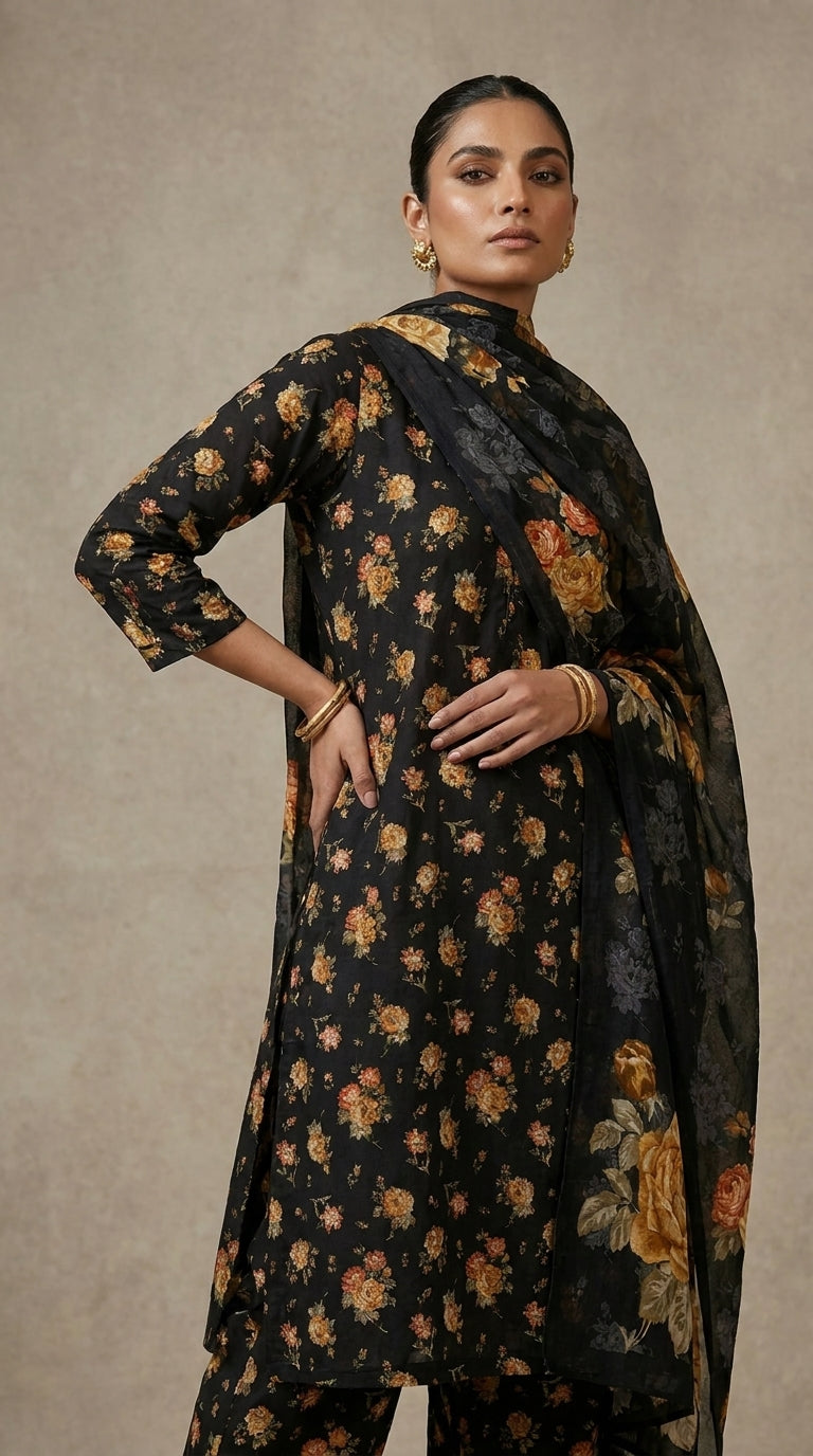 Close-up detail of the dramatically oversized golden rose print on a sheer charcoal black bamber chiffon dupatta