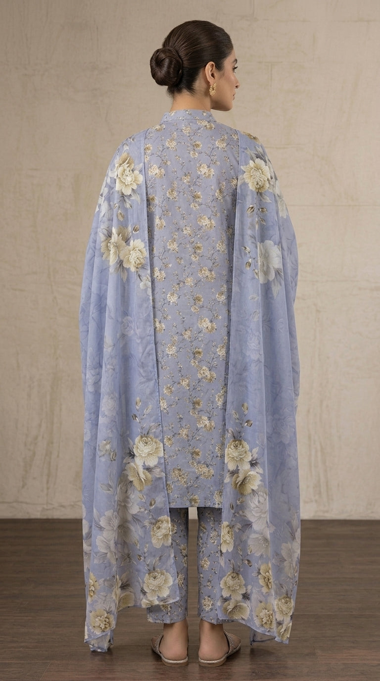 Close-up of the band collar neckline detail on a periwinkle blue digitally printed luxury lawn suit