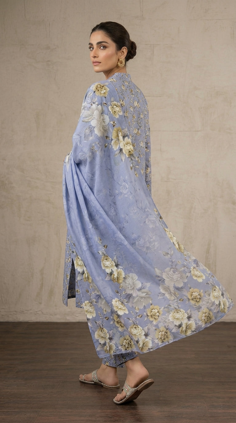 Detail shot of the large ivory floral motifs on a periwinkle blue bamber chiffon dupatta