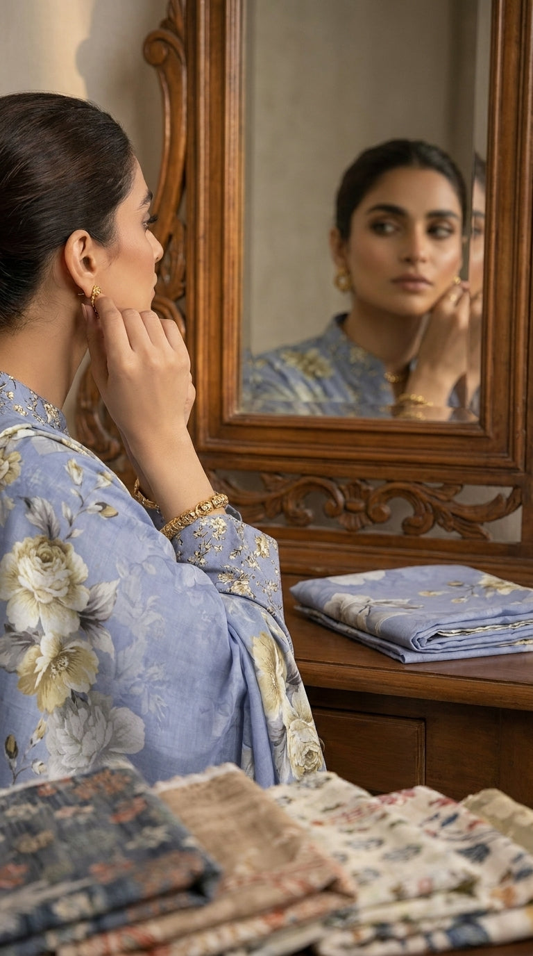 Full ensemble view of a periwinkle blue Pakistani unstitched lawn suit with matching printed dupatta and straight trousers