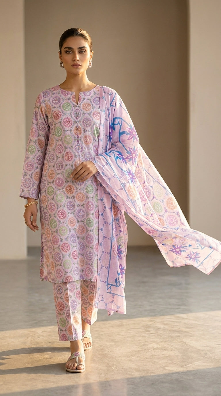 Full length front view of a model walking in a soft lilac Pakistani luxury lawn suit with multicolour pastel medallion lattice print, matching printed trouser, and matching lilac tropical star floral chiffon dupatta, neutral studio background