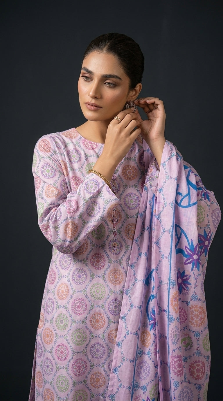 Close-up portrait of a model in a soft lilac pastel medallion lawn suit adjusting antique gold drop earrings, matching lilac tropical star floral chiffon dupatta draped across the chest, dark studio background