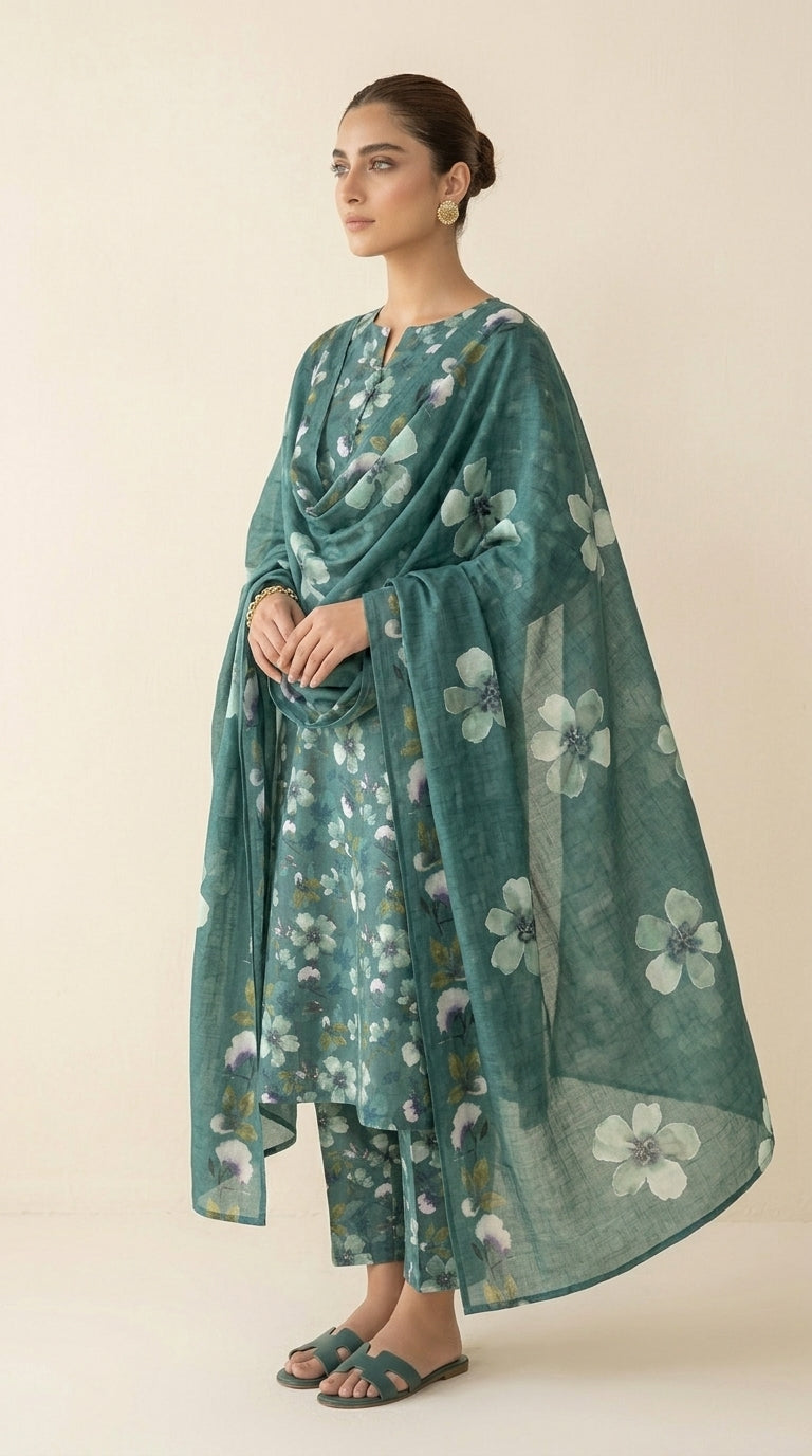 Back view of a model in a pine green Pakistani luxury lawn suit with watercolour dogwood floral print and a matching embroidered bamber chiffon dupatta, standing under a stone arch