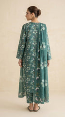 Close-up of the round neckline with button placket and zardozi embroidered vine border on a pine green luxury lawn suit dupatta