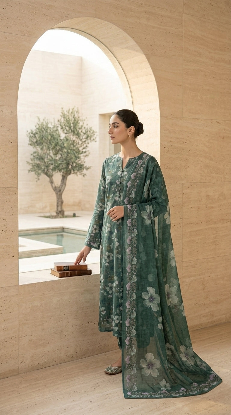 Portrait of a model wearing a pine green Pakistani lawn suit with a matching printed bamber chiffon dupatta draped over the head, gold circular earrings