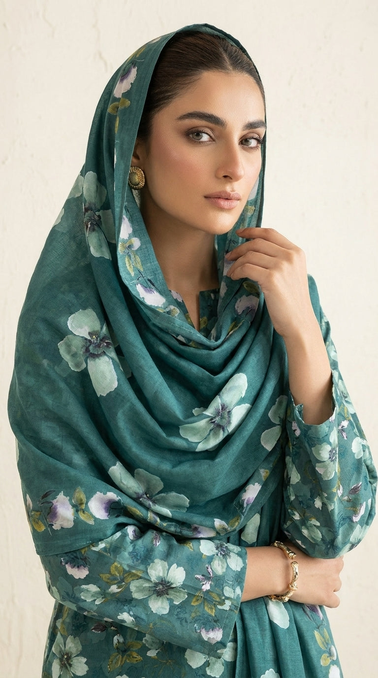 Model walking outdoors in a pine green 3-piece lawn suit with a voluminous printed chiffon dupatta flowing in the wind, matching printed trousers