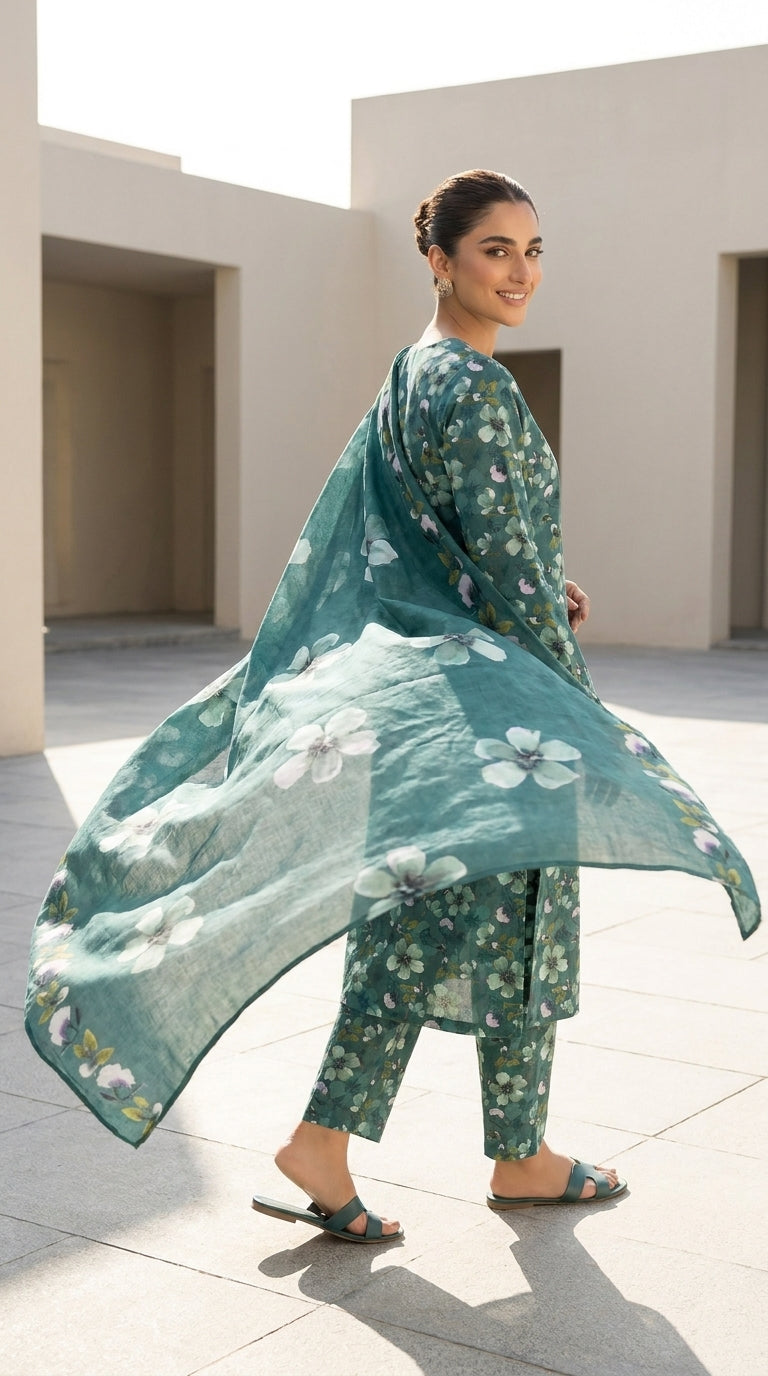 Model seated on a cream ottoman wearing a pine green luxury lawn suit with scattered watercolour floral print and a cascading embroidered dupatta