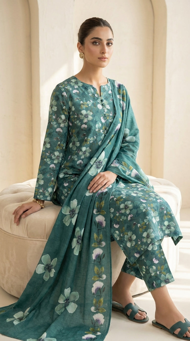 Full length front view of a model in a pine green Pakistani unstitched lawn suit with ivory and lavender dogwood floral print, matching printed trouser and embroidered chiffon dupatta