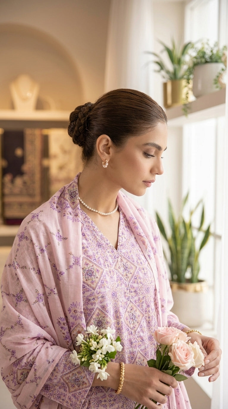 Full length side view of a model in a dusty lilac geometric print lawn suit leaning against an archway with dupatta draped across