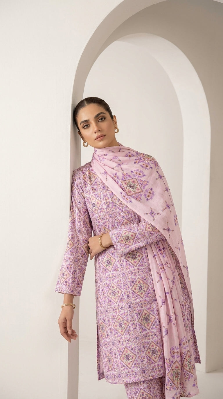 Model in a dusty lilac diamond lattice lawn suit holding the dupatta at the neckline, gold jewellery and chain necklace
