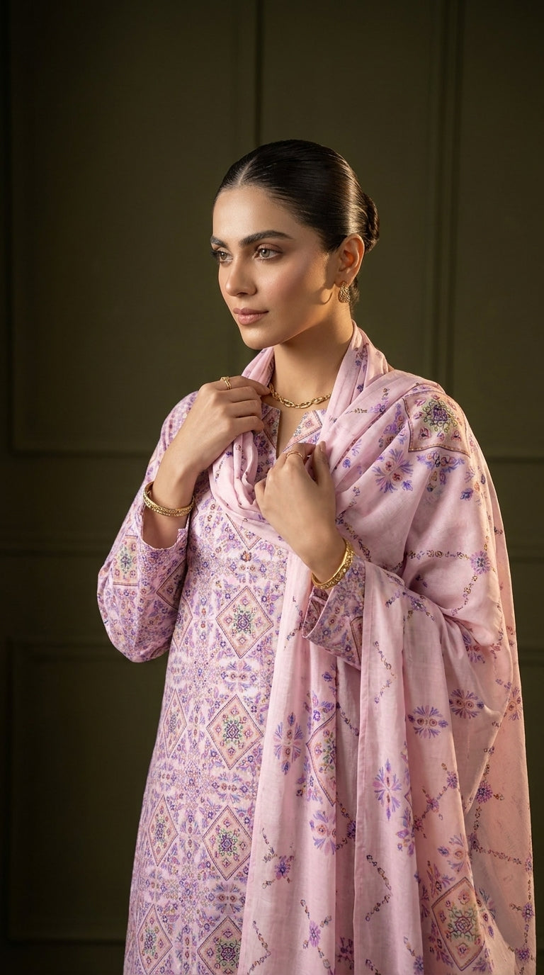 Full length front view of a model seated in a lilac geometric print luxury lawn suit with cascading printed chiffon dupatta