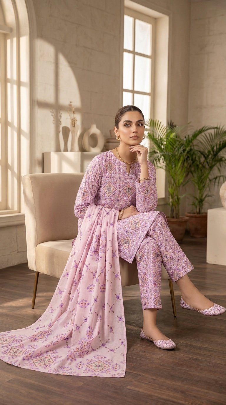 Model in a dusty lilac Pakistani unstitched lawn suit with intricate diamond lattice print and matching printed trouser, seated by a window