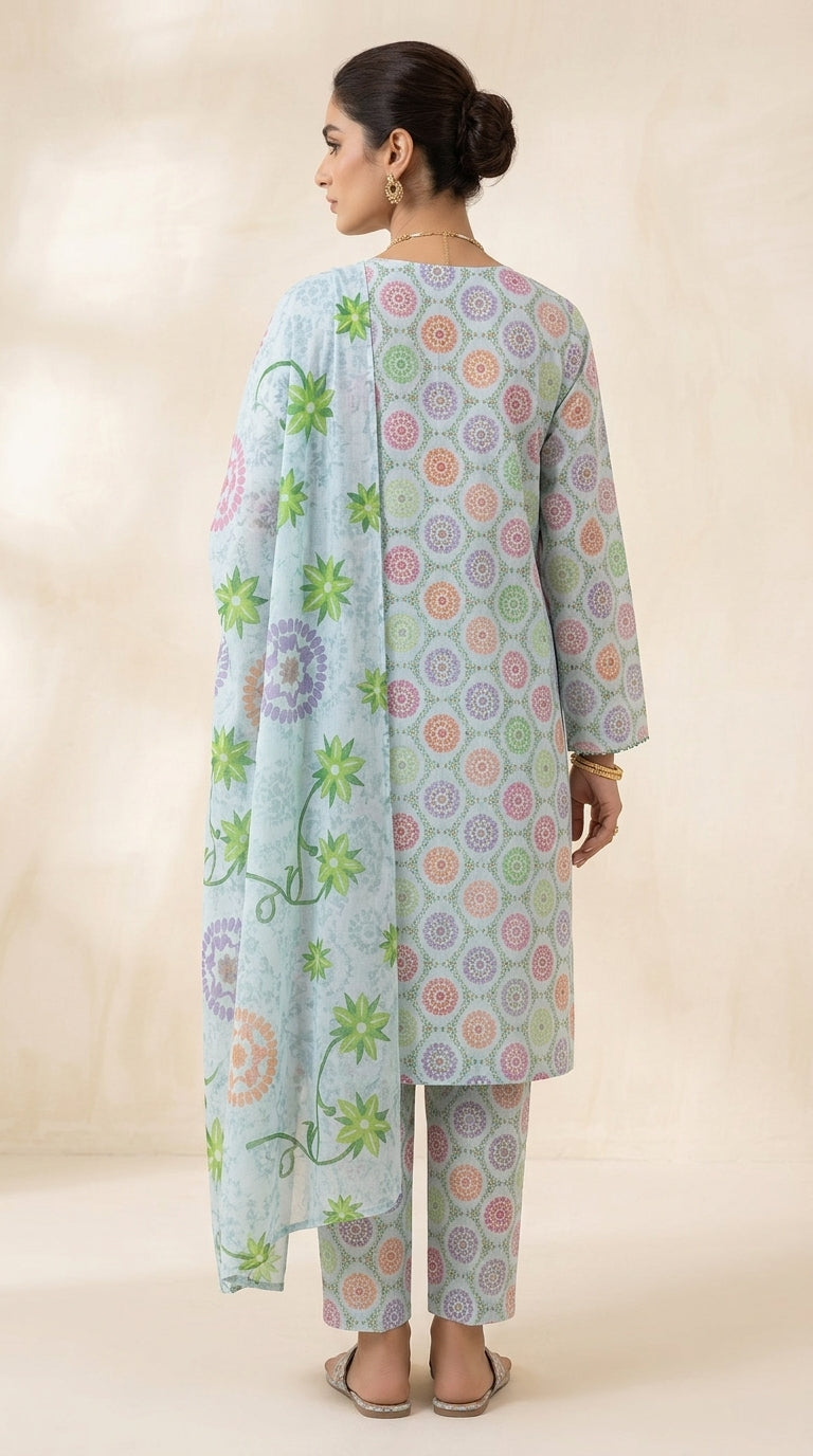 Full length side view of a model walking in a powder blue Pakistani luxury lawn suit with multicolour pastel medallion print, matching printed trouser, and contrast oversized tropical floral chiffon dupatta, beige studio background