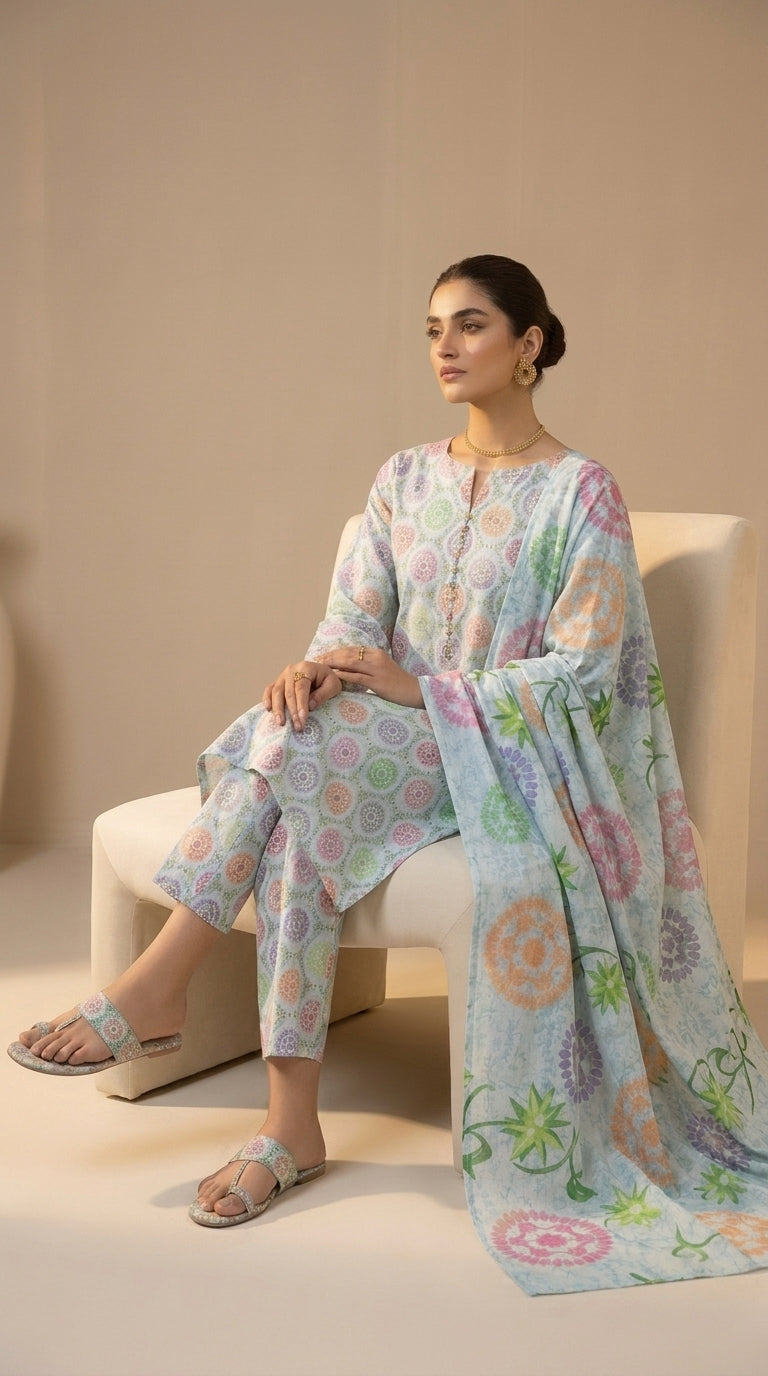 Close-up portrait of a model in a powder blue pastel medallion lawn suit with a contrast tropical floral chiffon dupatta draped across the chest, antique gold jhumka earrings and gold chain necklace